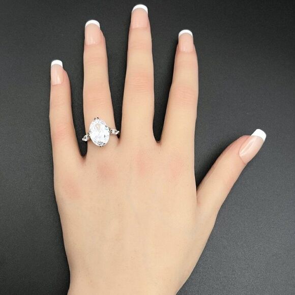 .925 Sterling Silver with Large Oval White Diamond Cubic Zirconia Ring Size 6 - Picture 8 of 10